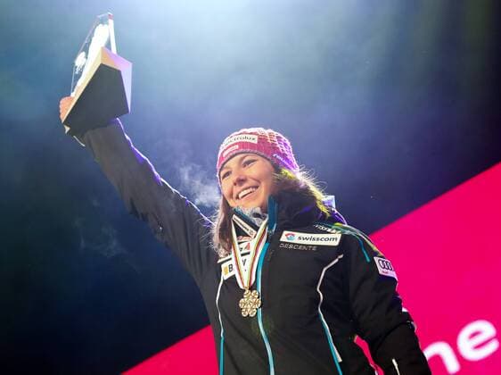 ALPINE SKIING - FIS Ski WC St. Moritz SANKT MORITZ,SWITZERLAND,10.FEB.17 - ALPINE SKIING - FIS Alpine World Ski Championships, alpine combined, ladies, award ceremony. Image shows the rejoicing of Wendy Holdener (SUI). GEPAxpictures xChristianxWalgram