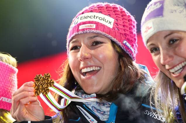ALPINE SKIING - FIS Ski WC St. Moritz SANKT MORITZ,SWITZERLAND,10.FEB.17 - ALPINE SKIING - FIS Alpine World Ski Championships, alpine combined, ladies, award ceremony. Image shows Wendy Holdener (SUI) and Michaela Kirchgasser (AUT). GEPAxpictures xChristianxWalgram