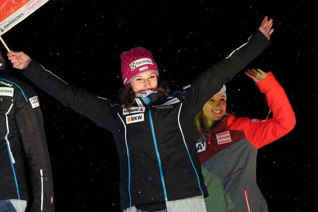 ALPINE SKIING - FIS Ski WC St. Moritz SANKT MORITZ,SWITZERLAND,10.FEB.17 - ALPINE SKIING - FIS Alpine World Ski Championships, alpine combined, award ceremony. Image shows the rejoicing of Wendy Holdener (SUI) and Michaela Kirchgasser (AUT). GEPAxpictures xChristianxWalgram