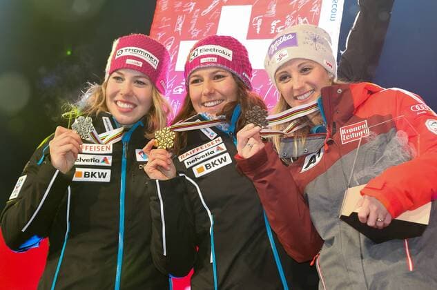 ALPINE SKIING - FIS Ski WC St. Moritz SANKT MORITZ,SWITZERLAND,10.FEB.17 - ALPINE SKIING - FIS Alpine World Ski Championships, alpine combined, award ceremony. Image shows Michelle Gisin, Wendy Holdener (SUI) and Michaela Kirchgasser (AUT). Keywords: medal. GEPAxpictures xChristianxWalgram