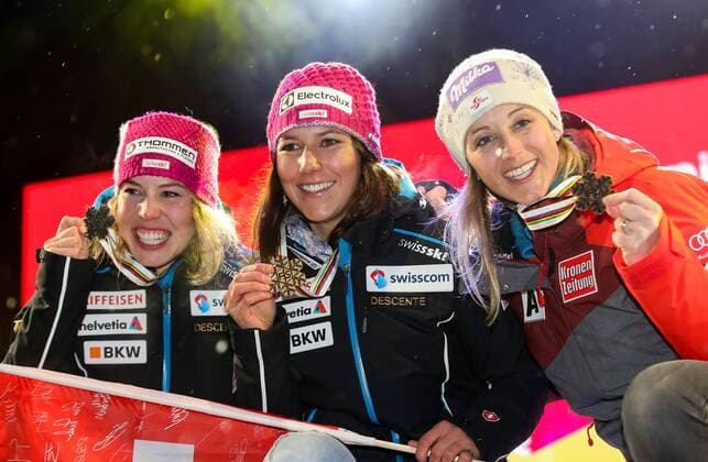 ALPINE SKIING - FIS Ski WC St. Moritz SANKT MORITZ,SWITZERLAND,10.FEB.17 - ALPINE SKIING - FIS Alpine World Ski Championships, alpine combined, award ceremony. Image shows Michelle Gisin, Wendy Holdener (SUI) and Michaela Kirchgasser (AUT). Keywords: medal. GEPAxpictures xChristianxWalgram