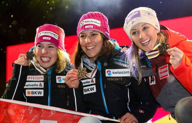 ALPINE SKIING - FIS Ski WC St. Moritz SANKT MORITZ,SWITZERLAND,10.FEB.17 - ALPINE SKIING - FIS Alpine World Ski Championships, alpine combined, award ceremony. Image shows Michelle Gisin, Wendy Holdener (SUI) and Michaela Kirchgasser (AUT). Keywords: medal. GEPAxpictures xChristianxWalgram