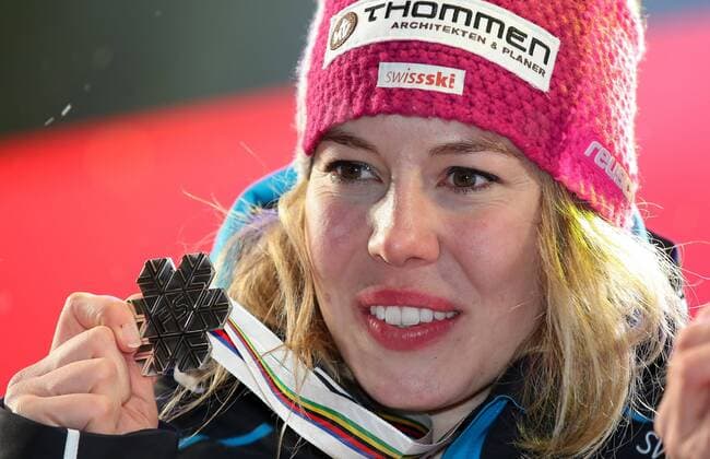 ALPINE SKIING - FIS Ski WC St. Moritz SANKT MORITZ,SWITZERLAND,10.FEB.17 - ALPINE SKIING - FIS Alpine World Ski Championships, alpine combined, award ceremony. Image shows Michelle Gisin (SUI). Keywords: medal. GEPAxpictures xChristianxWalgram