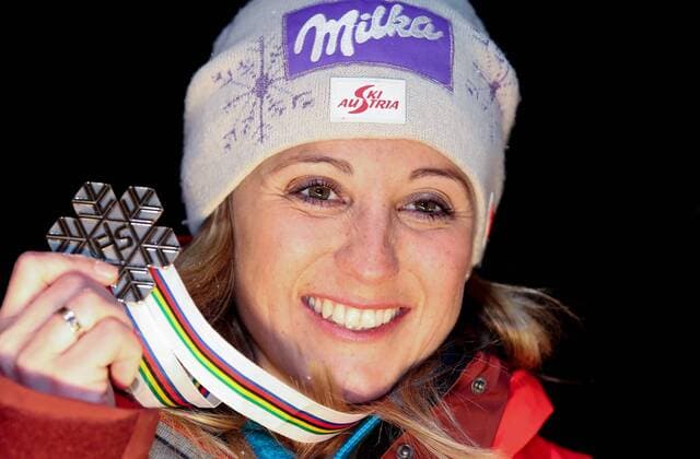 ALPINE SKIING - FIS Ski WC St. Moritz SANKT MORITZ,SWITZERLAND,10.FEB.17 - ALPINE SKIING - FIS Alpine World Ski Championships, alpine combined, award ceremony. Image shows Michaela Kirchgasser (AUT). Keywords: medal. GEPAxpictures xChristianxWalgram