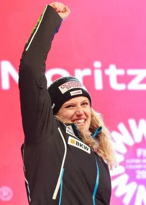 ALPINE SKIING - FIS Ski WC St. Moritz SANKT MORITZ,SWITZERLAND,10.FEB.17 - ALPINE SKIING - FIS Alpine World Ski Championships, alpine combined, award ceremony. Image shows the rejoicing of Denise Feierabend (SUI). GEPAxpictures xChristianxWalgram