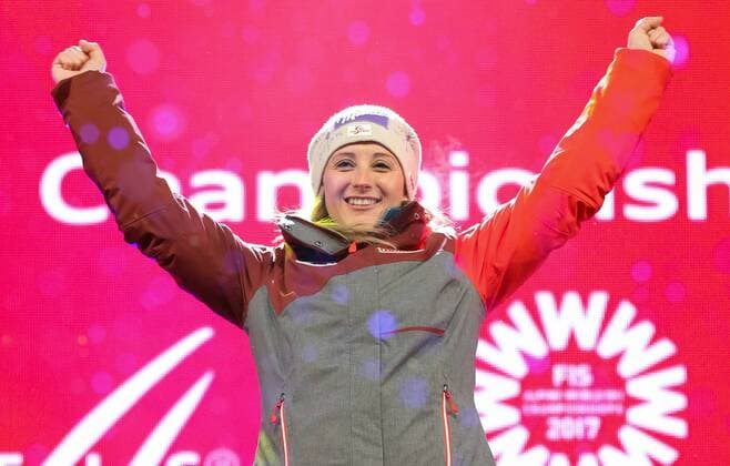 ALPINE SKIING - FIS Ski WC St. Moritz SANKT MORITZ,SWITZERLAND,10.FEB.17 - ALPINE SKIING - FIS Alpine World Ski Championships, alpine combined, award ceremony. Image shows the rejoicing of Michaela Kirchgasser (AUT). GEPAxpictures xChristianxWalgram