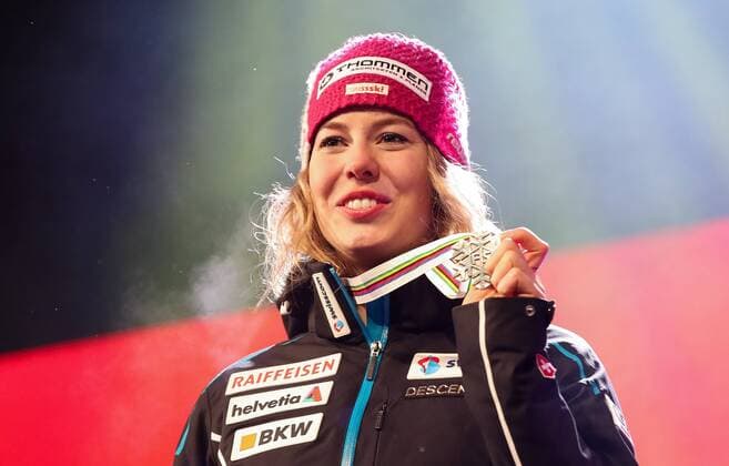 ALPINE SKIING - FIS Ski WC St. Moritz SANKT MORITZ,SWITZERLAND,10.FEB.17 - ALPINE SKIING - FIS Alpine World Ski Championships, alpine combined, award ceremony. Image shows Michelle Gisin (SUI). Keywords: medal. GEPAxpictures xChristianxWalgram