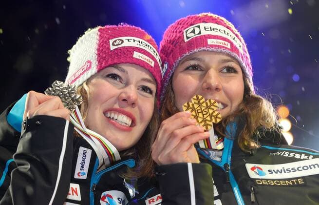 ALPINE SKIING - FIS Ski WC St. Moritz SANKT MORITZ,SWITZERLAND,10.FEB.17 - ALPINE SKIING - FIS Alpine World Ski Championships, alpine combined, award ceremony. Image shows Michelle Gisin and Wendy Holdener (SUI). Keywords: medal. GEPAxpictures xChristianxWalgram