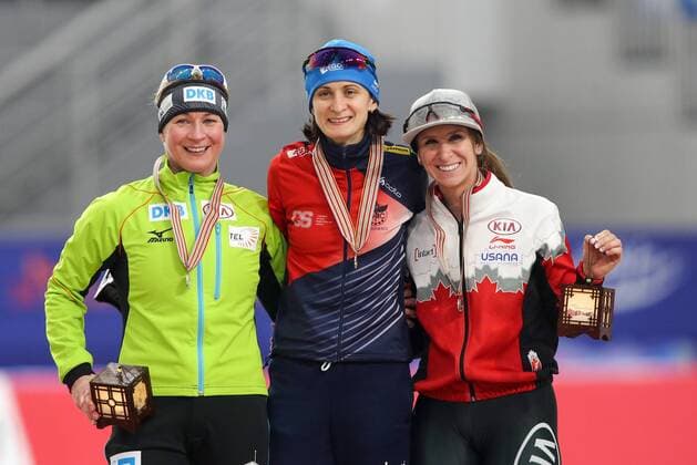 Speed skating Eisschnelllauf - ISU World Cup PyeongChang PYEONGCHANG,SOUTH KOREA,11.FEB.17 - SPEED SKATING, ISU World Cup, 5000 ladies, medal ceremony. Image shows Claudia Pechstein (GER), Martina Sablikova (CZE) and Ivanie Blondin (CAN). GEPAxpictures xMaticxKlansek