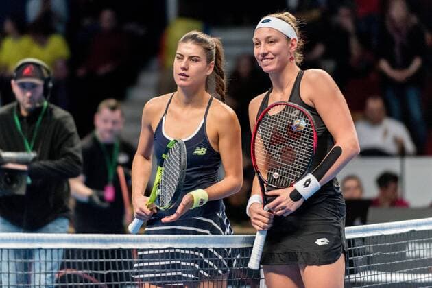 Tennis - FED Cup by BNP 2017 game between Romania and Belgium February 2017 February 11, 2017:Sorana Cirstea (ROU) and Yanina Wickmayer (BEL) during the FED Cup by BNP 2017 game between Romania and Belgium at Sala Polivalenta, Bucuresti, Romania ROU. Copyright: Cronos Catalin Soare