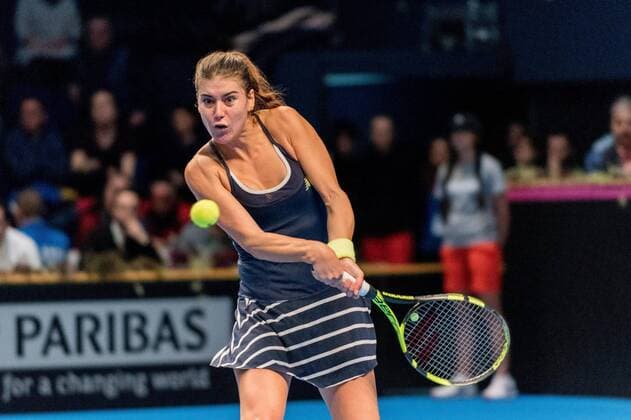 Tennis - FED Cup by BNP 2017 game between Romania and Belgium February 2017 February 11, 2017: Sorana Cirstea (ROU) during the FED Cup by BNP 2017 game between Romania and Belgium at Sala Polivalenta, Bucuresti, Romania ROU. Copyright: Cronos Catalin Soare