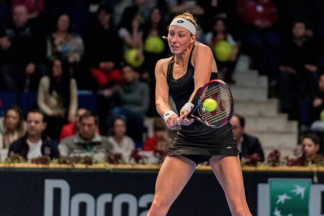 Tennis - FED Cup by BNP 2017 game between Romania and Belgium February 2017 February 11, 2017: Yanina Wickmayer (BEL) during the FED Cup by BNP 2017 game between Romania and Belgium at Sala Polivalenta, Bucuresti, Romania ROU. Copyright: Cronos Catalin Soare