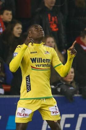 Oostende s Landry Nany Dimata celebrates after scoring during the Jupiler Pro League match between Mouscron and KV Oostende, in Mouscron, Saturday 11 February 2017, on day 26 of the Belgian soccer championship. BRUNOxFAHY  x05045170x