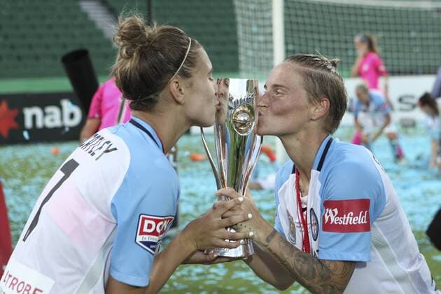 February 12th 2017, nib Stadium, Perth, Australia; Westfield W-League Womens football Grand Final, Perth Glory versus Melbourne City FC; Melbourne Citys Stephanie Catley (L) and Jessica Fishlock kiss the trophy after defeating Perth 2-0 xDavidxWoodleyx  ActionPlus11845373