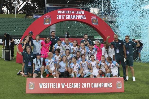February 12th 2017, nib Stadium, Perth, Australia; Westfield W-League Womens football Grand Final, Perth Glory versus Melbourne City FC; Melbourne City players celebrate their Grand Final win over Perth Glory 2-0 xDavidxWoodleyx  ActionPlus11845389
