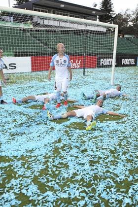 February 12th 2017, nib Stadium, Perth, Australia; Westfield W-League Womens football Grand Final, Perth Glory versus Melbourne City FC; Melbourne City players play in the confetti after defeating perth 2-0 in the Grand Final xDavidxWoodleyx  ActionPlus11845390