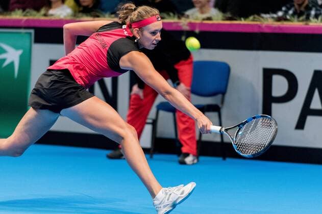Tennis - FED Cup by BNP 2017 game between Romania and Belgium February 2017 February 12, 2017: Elise Mertens (BEL) during the FED Cup by BNP 2017 game between Romania and Belgium at Sala Polivalenta, Bucuresti, Romania ROU. Copyright: Cronos Catalin Soare