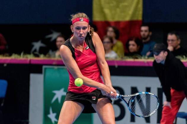Tennis - FED Cup by BNP 2017 game between Romania and Belgium February 2017 February 12, 2017: Elise Mertens (BEL) during the FED Cup by BNP 2017 game between Romania and Belgium at Sala Polivalenta, Bucuresti, Romania ROU. Copyright: Cronos Catalin Soare