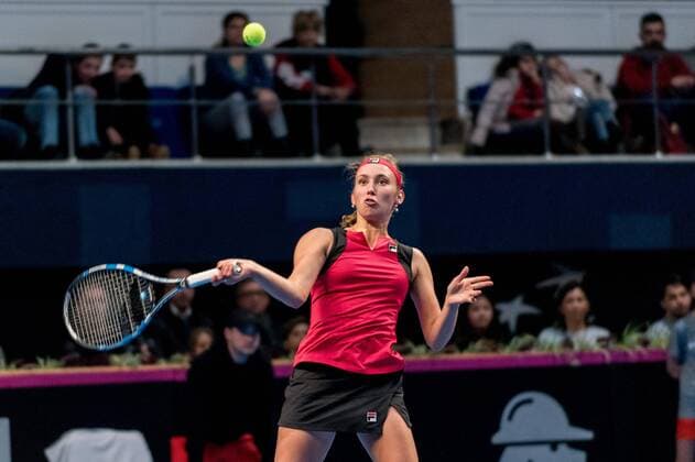 Tennis - FED Cup by BNP 2017 game between Romania and Belgium February 2017 February 12, 2017: Elise Mertens (BEL) during the FED Cup by BNP 2017 game between Romania and Belgium at Sala Polivalenta, Bucuresti, Romania ROU. Copyright: Cronos Catalin Soare