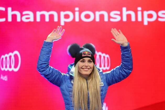 Ski Alpin, WM in St. Moritz, Siegerehrung Abfahrt der Damen ALPINE SKIING - FIS Ski WC St. Moritz SANKT MORITZ,SWITZERLAND,12.FEB.17 - ALPINE SKIING - FIS Alpine World Ski Championships, downhill, men, Audi house. Image shows the rejoicing of Lindsey Vonn (USA). GEPAxpictures xMarioxKneisl