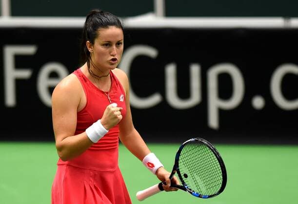 Lara Arruabarrena from Spain in action during the tennis match of the Fed Cup 1st round between the Czech Republic (Barbora Strycova) and Spain, in Ostrava, Czech Republic, February 12, 2017. (CTKxPhoto JaroslavxOzana) CTKPhotoP201702120484001  jao 5