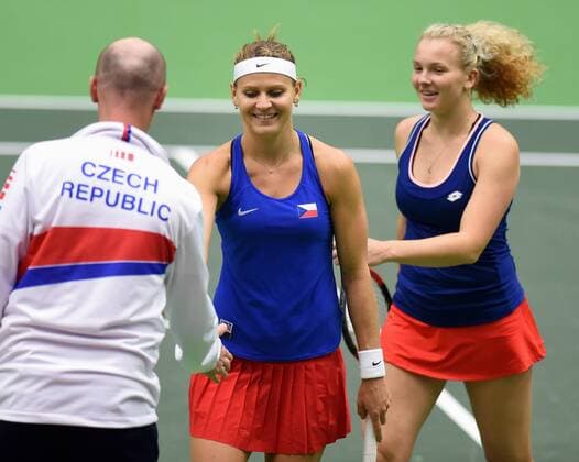 The double team of the Czech Republic with Lucie Safarova (centre) and Katerina Siniakova (right) in action during the tennis match of the Fed Cup 1st round between the Czech Republic and Spain (Sara Sorribes, Maria Jose Martinez), in Ostrava, Czech Republic, February 12, 2017. (CTKxPhoto JaroslavxOzana) CTKPhotoP201702120691301  jao 14
