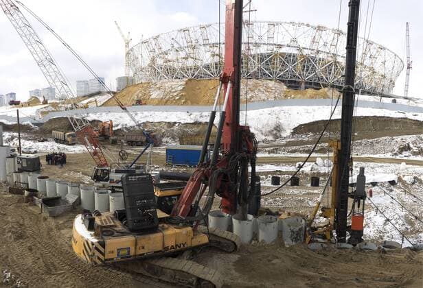 VOLGOGRAD, RUSSIA - FEBRUARY 13, 2017: The Volgograd Arena Stadium, which is to host some football matches of the 2018 FIFA World Cup WM Weltmeisterschaft Fussball is under construction at the site of the former Tsentralny Stadium. Dmitry Rogulin TASS  TS040FD6