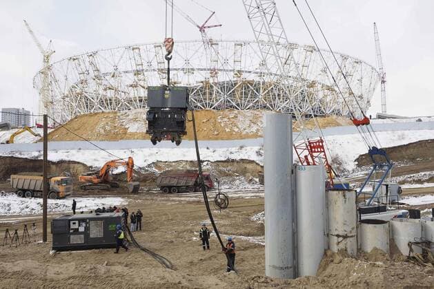 VOLGOGRAD, RUSSIA - FEBRUARY 13, 2017: The Volgograd Arena Stadium, which is to host some football matches of the 2018 FIFA World Cup WM Weltmeisterschaft Fussball is under construction at the site of the former Tsentralny Stadium. Dmitry Rogulin TASS  TS040FD7