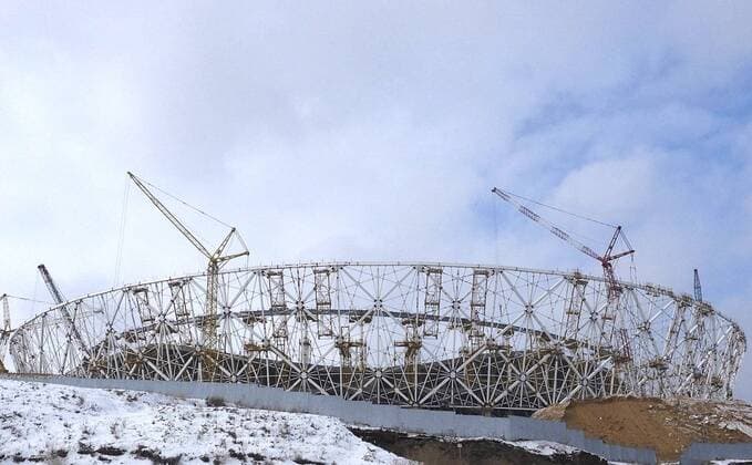 VOLGOGRAD, RUSSIA - FEBRUARY 13, 2017: The Volgograd Arena Stadium, which is to host some football matches of the 2018 FIFA World Cup WM Weltmeisterschaft Fussball is under construction at the site of the former Tsentralny Stadium. Dmitry Rogulin TASS  TS040FD9
