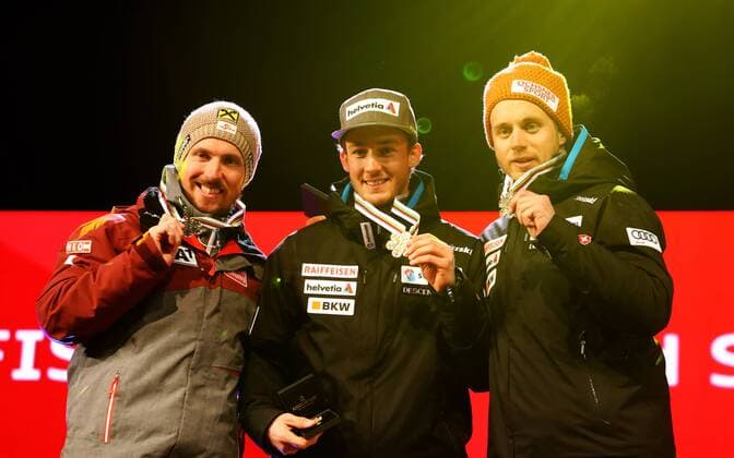 ALPINE SKIING - FIS Ski WC St. Moritz SANKT MORITZ,SWITZERLAND,13.FEB.17 - ALPINE SKIING - FIS Alpine World Ski Championships, alpine combined, men, award ceremony. Image shows Marcel Hirscher (AUT), Luca Aerni and Mauro Caviezel (SUI). Keywords: medal. GEPAxpictures xMarioxKneisl