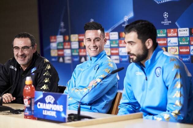Napoles es coach Maurizio Sarri (L), Jose Callejon (C) and Raul Albiol (R) during the press conference PK Pressekonferenz before Champions League Match between Real Madrid and Napoles at Santiago Bernabeu Stadium in Spain. February 14, 2017.  (2017021442)