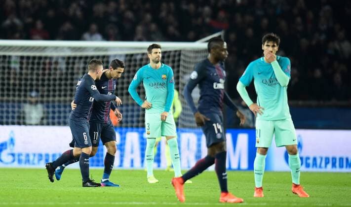 Fußball, CL, Paris St. Germain - FC Barcelona Angel Di Maria ( PSG ) - Marco Verratti ( PSG ) FOOTBALL : Paris Saint Germain vs FC Barcelona - Ligue des Champions - Paris - 14 02 2017 FedericoPestellini Panoramic 