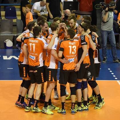 Volleyball, Herren, Saison 2016 17 CEV Champions League, 5. Spieltag, BR Volleys - Asseco Resovia Rzeszow, Jubel nach dem Abpfiff bei den BR Volleys, 14.02.17,