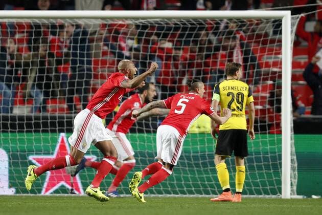 (L-R) Luisao of SL Benfica, Konstantinos Mitroglou of SL Benfica, Ljubomir Fejsa of SL Benfica, Marcel Schmelzer of Borussia Dortmundduring the UEFA Champions League round of 16 match between SL Benfica and Borussia Dortmund on February 14, 2017 at Estádio da Luz in Lisbon, Portugal SL Benfica v Borussia Dortmund UEFA Champions League 2016 2017 xVIxxIVx 7121441