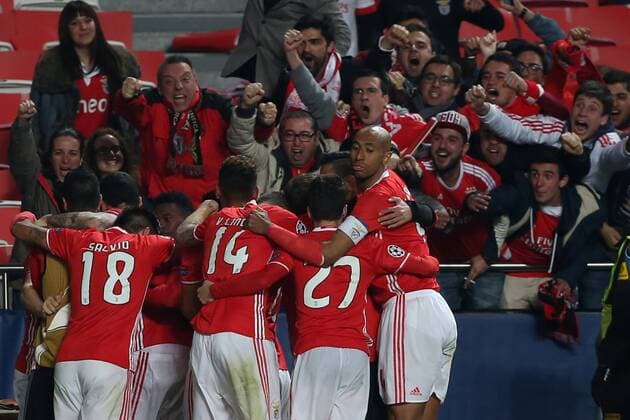 February 14, 2017 - Lisbon, Portugal - Benfica s forward Kostas Mitroglou celebrates with teammates after scoring during the UEFA Champions League round of 16 first leg football match SL Benfica vs Borussia Dortmund at the Luz stadium in Lisbon Portugal on February 14, 2017. SL Benfica v Borussia Dortmund - UEFA Champions League Round of 16: First Leg  - ZUMAn230 20170214_zaa_n230_475 Copyright: xPedroxFiuzax