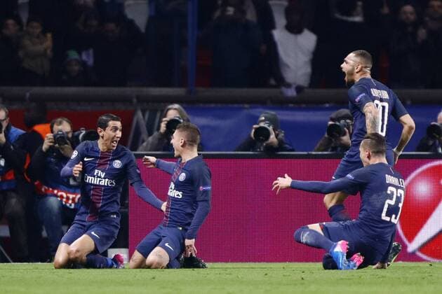 February 14, 2017 - Paris, France - PSG Angel Di Maria celebrates after scoring during the UEFA Champions League round of 16 first leg football match between Paris Saint-Germain and FC Barcelona Barca on February 14, 2017 at the Parc des Princes stadium in Paris. (Photo by Nurphoto) Paris Saint-Germain v FC Barcelona - UEFA Champions League Round of 16: First Leg  - ZUMAn230 20170214_zaa_n230_612 Copyright: xMehdixTaamallahx