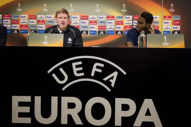 Gent s head coach Hein Vanhaezebrouck and Gent s Renato Neto pictured during a press conference PK Pressekonferenz of Belgian soccer team KAA Gent, Wednesday 15 February 2017, in Gent. Tomorrow, Gent is playing 1 16 finals first leg game of the Europa League competition against British team Tottenham. JASPERxJACOBS  x05047789x