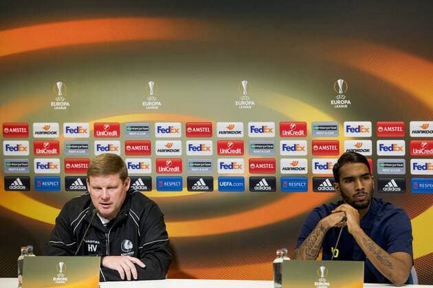 Gent s head coach Hein Vanhaezebrouck and Gent s Renato Neto pictured during a press conference PK Pressekonferenz of Belgian soccer team KAA Gent, Wednesday 15 February 2017, in Gent. Tomorrow, Gent is playing 1 16 finals first leg game of the Europa League competition against British team Tottenham. JASPERxJACOBS  x05047815x