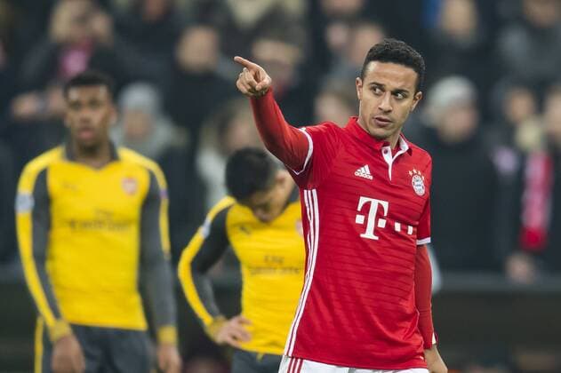 GER, UEFA CL, FC Bayern Muenchen (GER) vs FC Arsenal (GBR) 15.02.2017, Allianz Arena, Muenchen, GER, UEFA CL, FC Bayern Muenchen (GER) vs FC Arsenal (GBR) , Viertelfinale, im Bild Jubel nach dem Tor zum 3-1 durch Thiago (FCB 6) Foto © nordphoto Straubmeier nordphotox xStraubmeier