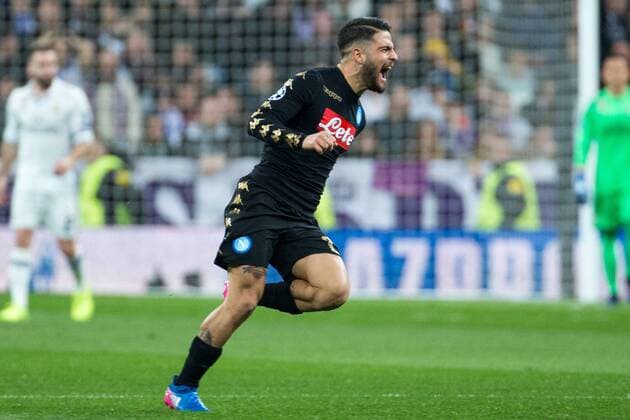 Fußball, CL, Real Madrid - SSC Neapel Lorenzo Insigne of SSC Napoli celebrates after scoring a goal during the match of Champions League between Real Madrid and SSC Napoli at Santiago Bernabeu Stadium in Madrid, Spain. February 15, 2017.  (20170215016)