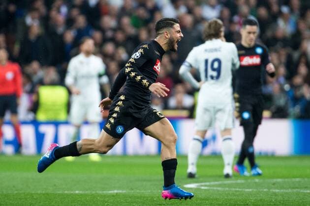 Fußball, CL, Real Madrid - SSC Neapel Lorenzo Insigne of SSC Napoli celebrates after scoring a goal during the match of Champions League between Real Madrid and SSC Napoli at Santiago Bernabeu Stadium in Madrid, Spain. February 15, 2017.  (20170215017)