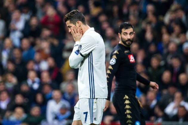 Fußball, CL, Real Madrid - SSC Neapel Cristiano Ronaldo of Real Madrid reacts during the match of Champions League between Real Madrid and SSC Napoli at Santiago Bernabeu Stadium in Madrid, Spain. February 15, 2017.  (20170215037)
