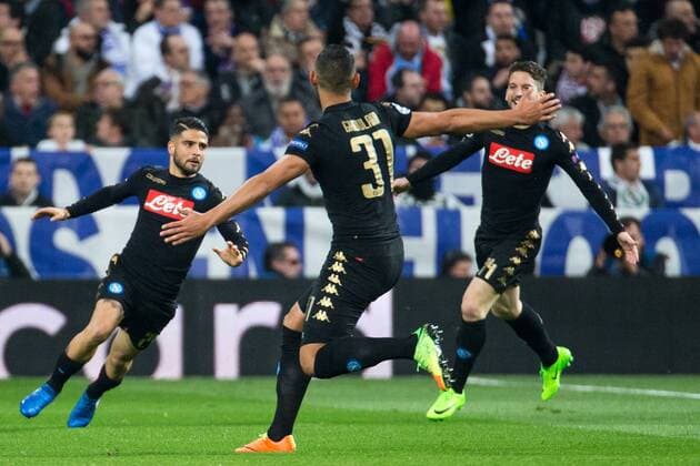 Fußball, CL, Real Madrid - SSC Neapel Lorenzo Insigne of SSC Napoli celebrates after scoring a goal during the match of Champions League between Real Madrid and SSC Napoli at Santiago Bernabeu Stadium in Madrid, Spain. February 15, 2017.  (20170215014)