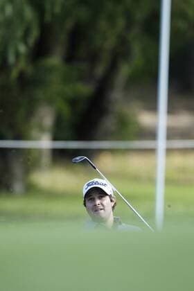 February 16th 2017, Lake Karrinyup Country Club, Perth, Western Australia, Australia; ISPS Handa World Super 6 Perth Golf Tournament Day 1; Peter Uihlein (USA) chips out of the bunker on the 13th hole during the opening round of the ISPS Handa World Super 6 Golf Tournament; xDavidxWoodleyx  ActionPlus11846808