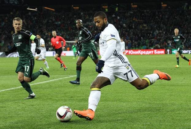 KRASNODAR, RUSSIA - FEBRUARY 16, 2017: FC Krasnodar s Vitali Kaleshin, Charles Kabore, and Fenerbahce Istanbulâ€™s Jeremain Lens (L-R) fight for the ball in their 2016-17 UEFA Europa League Round of 32, 1st leg football match at Krasnodar Stadium. Vitaly Timkiv TASS  TS0416C8