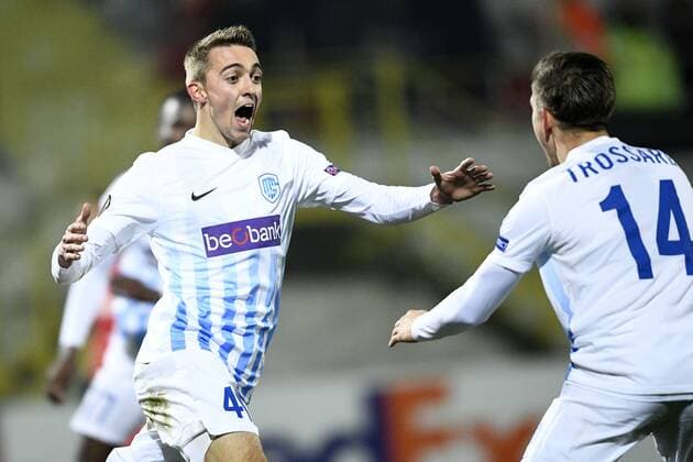 Genk s Timothy Castagne and Genk s Leandro Trossard celebrate during a first leg game between Romanian Club Astra Giurgiu and Belgian soccer team RC Genk in the 1 16 finals of the Europa League competition on Thursday 16 February 2017, in Giurgiu, Romania. YORICKxJANSENS  x05048777x