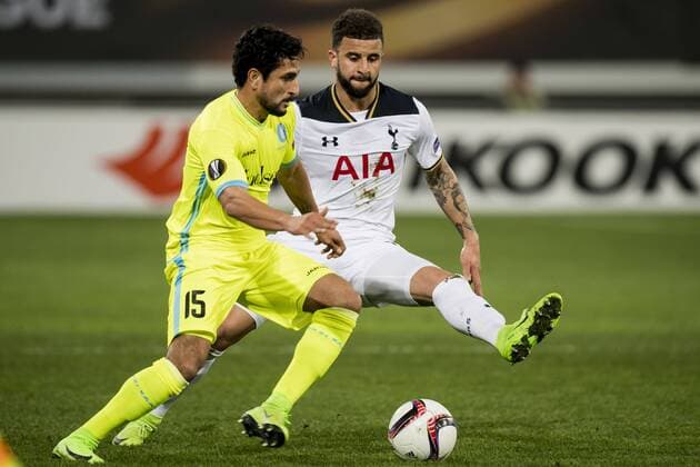(L-R) Kenny Saief of KAA Gent, Kyle Walker of Tottenham Hotspur FCduring the UEFA Europa League round of 16 match between KAA Gent and Tottenham Hotspur FC on February 16, 2017 at the Ghelamco Arena in Gent, Belgium. KAA Gent v Tottenham Hotspur FC UEFA Europa League 2016 2017 xVIxGerritxvanxKeulenxIVx 7131869