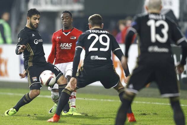 (l-r) Jean Philippe Mateta of Olympique Lyon, Ridgeciano Haps of AZ Alkmaar, Lucas Tousart of Olympique Lyon, Christophe Jallet of Olympique Lyonduring the UEFA Europa League round of 32 match between AZ Alkmaar and Olympique Lyonnais on February 16, 2017 at the AFAS stadium in Alkmaar, The Netherlands. AZ v Olympique Lyon UEFA Europa League 2016 2017 xVIxxIVx 7131909
