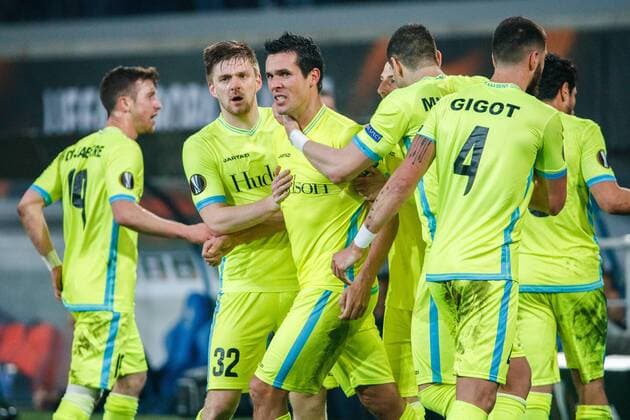 Gent s Jeremy Perbet celebrates after scoring during a game between Belgian soccer team KAA Gent and British team Tottenham, first-leg of the 1 16 finals of the Europa League competition, Thursday 16 February 2017, in Gent. KURTxDESPLENTER  x05048874x
