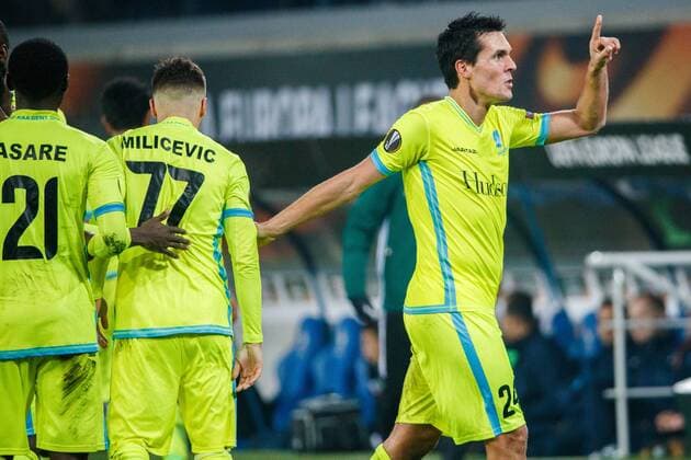 Gent s Jeremy Perbet celebrates after scoring during a game between Belgian soccer team KAA Gent and British team Tottenham, first-leg of the 1 16 finals of the Europa League competition, Thursday 16 February 2017, in Gent. KURTxDESPLENTER  x05048864x